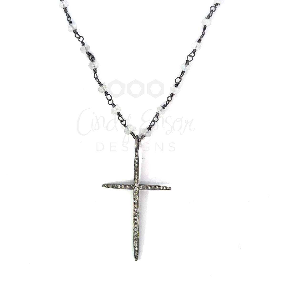 Short Moonstone Necklace with Medium Pave Cross