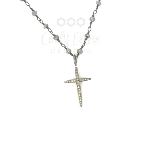 Labradorite Rosary Necklace with Small Pave Diamond Cross