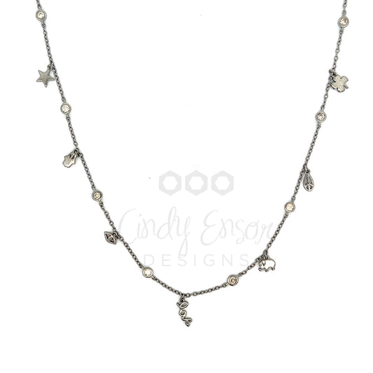 Sterling Lucky Multi Charm Necklace with Bezeled Diamonds
