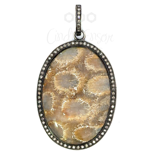Oval Petoskey Pendant with Pave Border