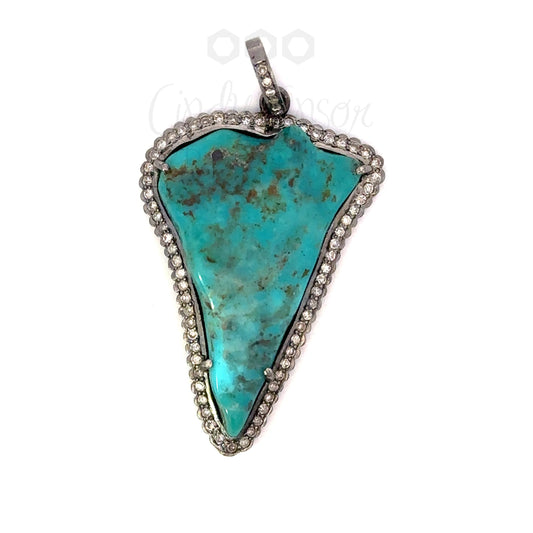 Turquoise Triangle Pendant with Pave Diamond Border