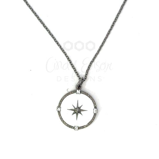 Sterling White Enamel Pave Diamond Compass Necklace