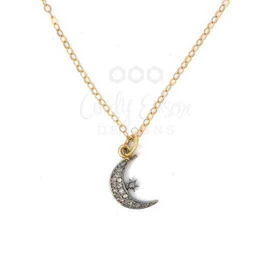 Gold Filled Necklace with Sterling Pave Diamond Moon Charm