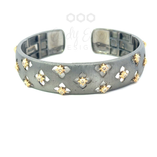 Brushed Metal Two Tone Diamond Bracelet with Yellow Gold Clover Accents