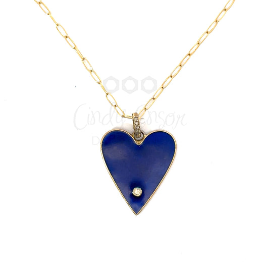 Thin Yellow GF Paper Clip Necklace with Gold Tone Navy Enamel Heart Pendant