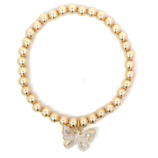 Gold Filled Bead Bracelet with Pink Enamel CZ Butterfly