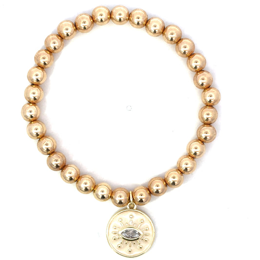Gold Filled Bead Bracelet with Enamel Evil Eye Disc