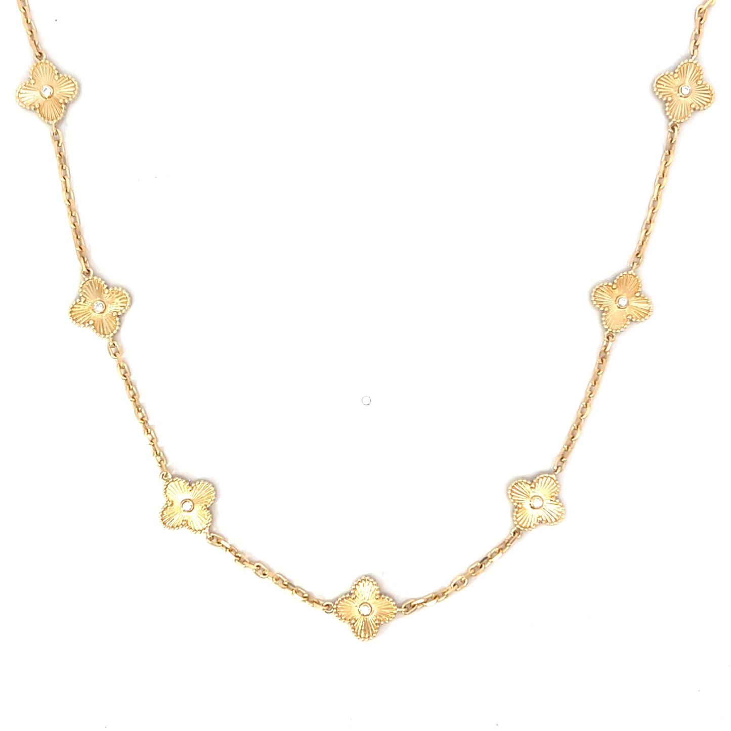 Yellow Gold Station Fluted Clover Necklace with Diamonds