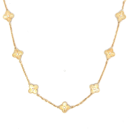 Yellow Gold Station Fluted Clover Necklace with Diamonds