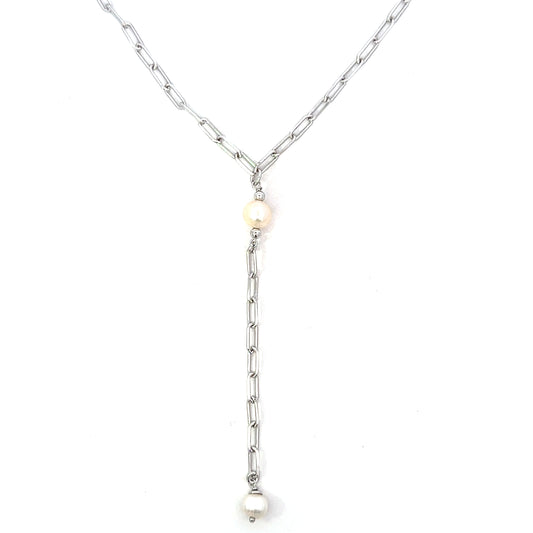 Unoxidized Sterling Silver Pearl Paperclip Lariat Necklace