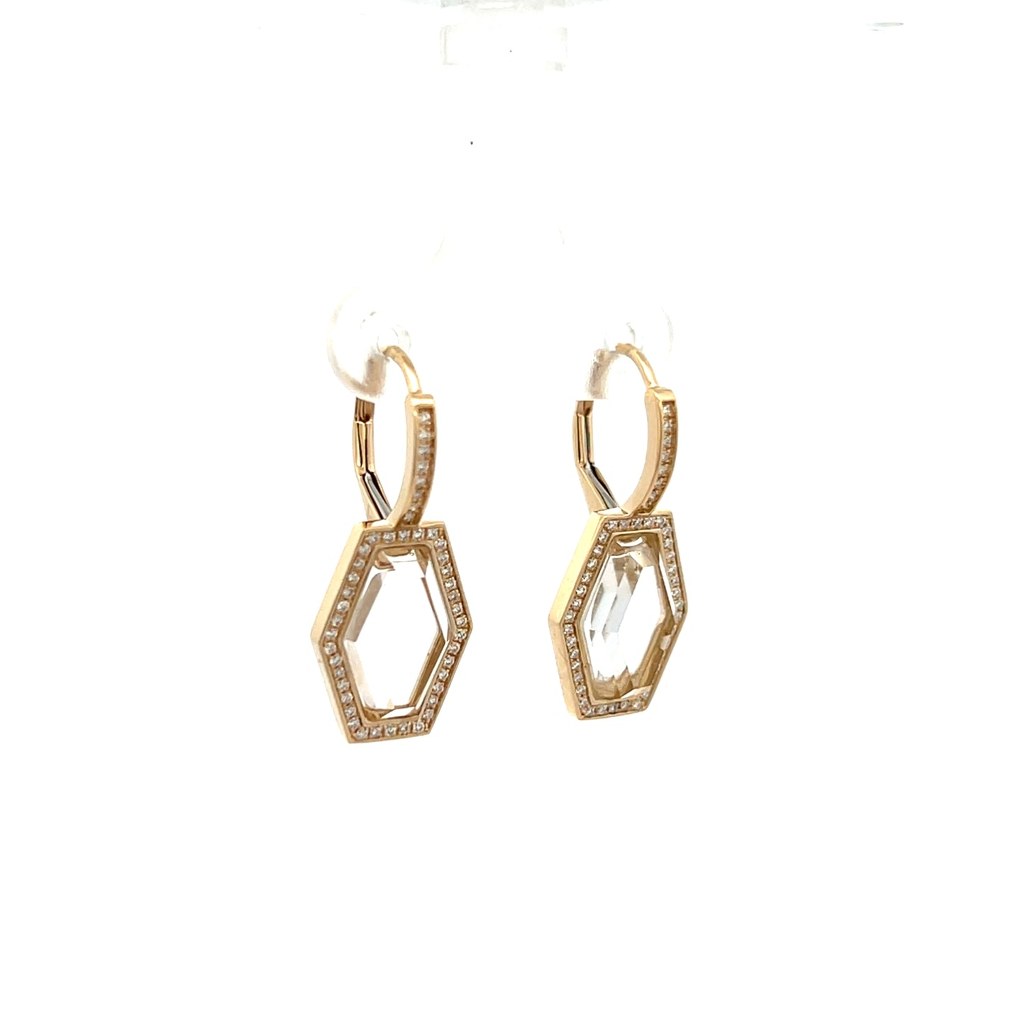 Yellow Gold White Topaz Hexagon Earring with Pave Diamonds