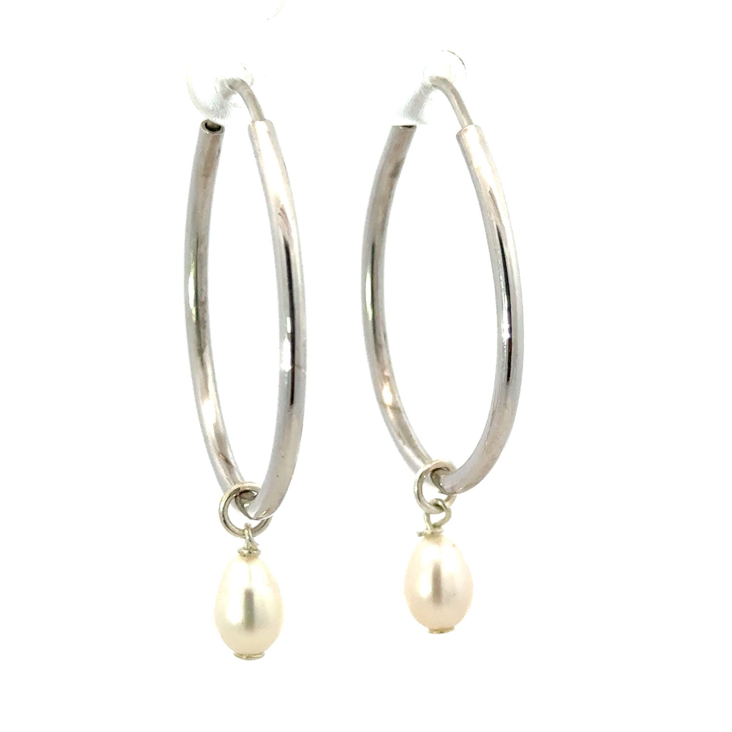 Sterling Silver Oval Hoop with Pearl Drop