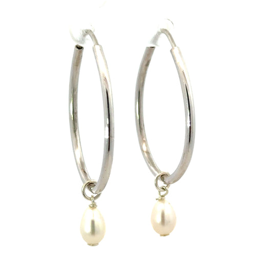Sterling Silver Oval Hoop with Pearl Drop