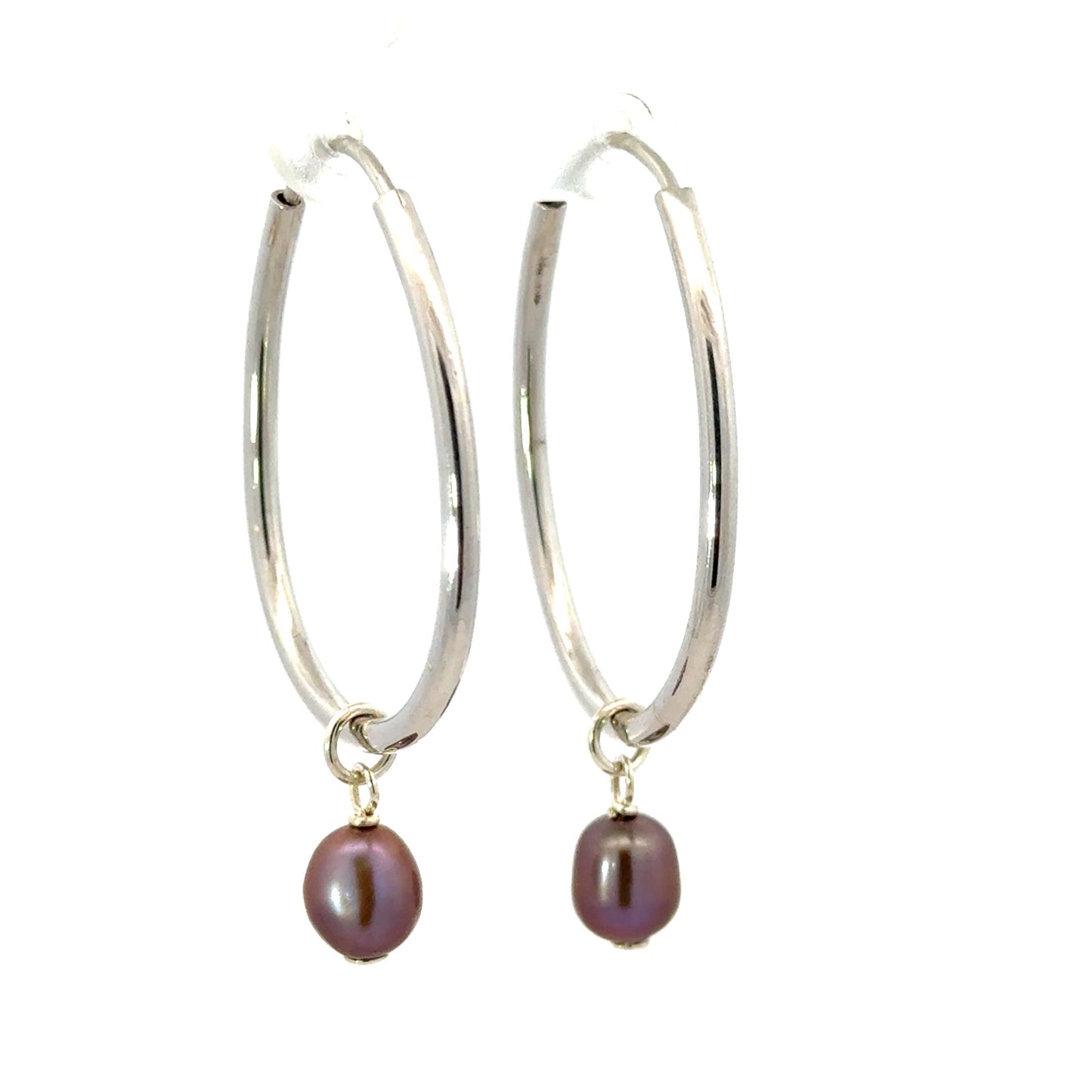 Sterling Silver Oval Hoop with Pearl Drop