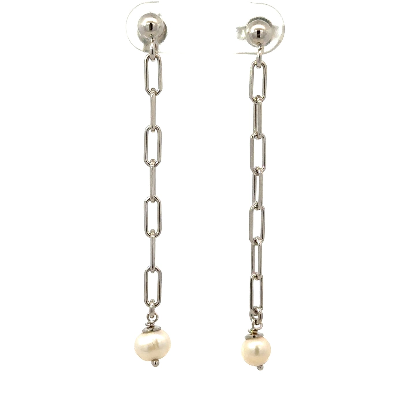 Unoxidized Silver Pearl Chain Straight Drop Earrings