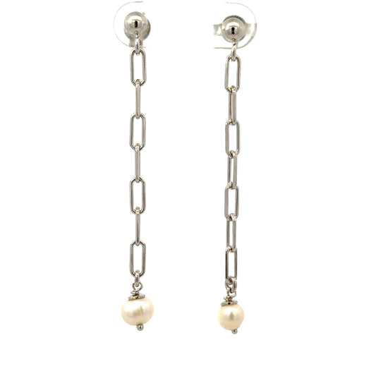Unoxidized Silver Pearl Chain Straight Drop Earrings
