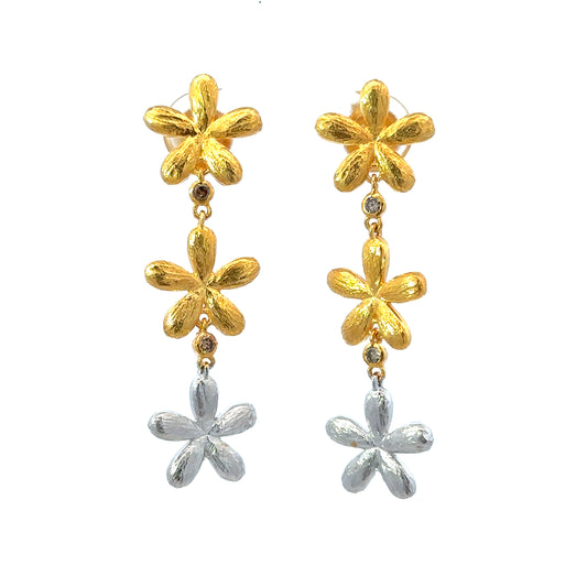Brushed Vermeil and Sterling Triple Flower Earring with Diamonds