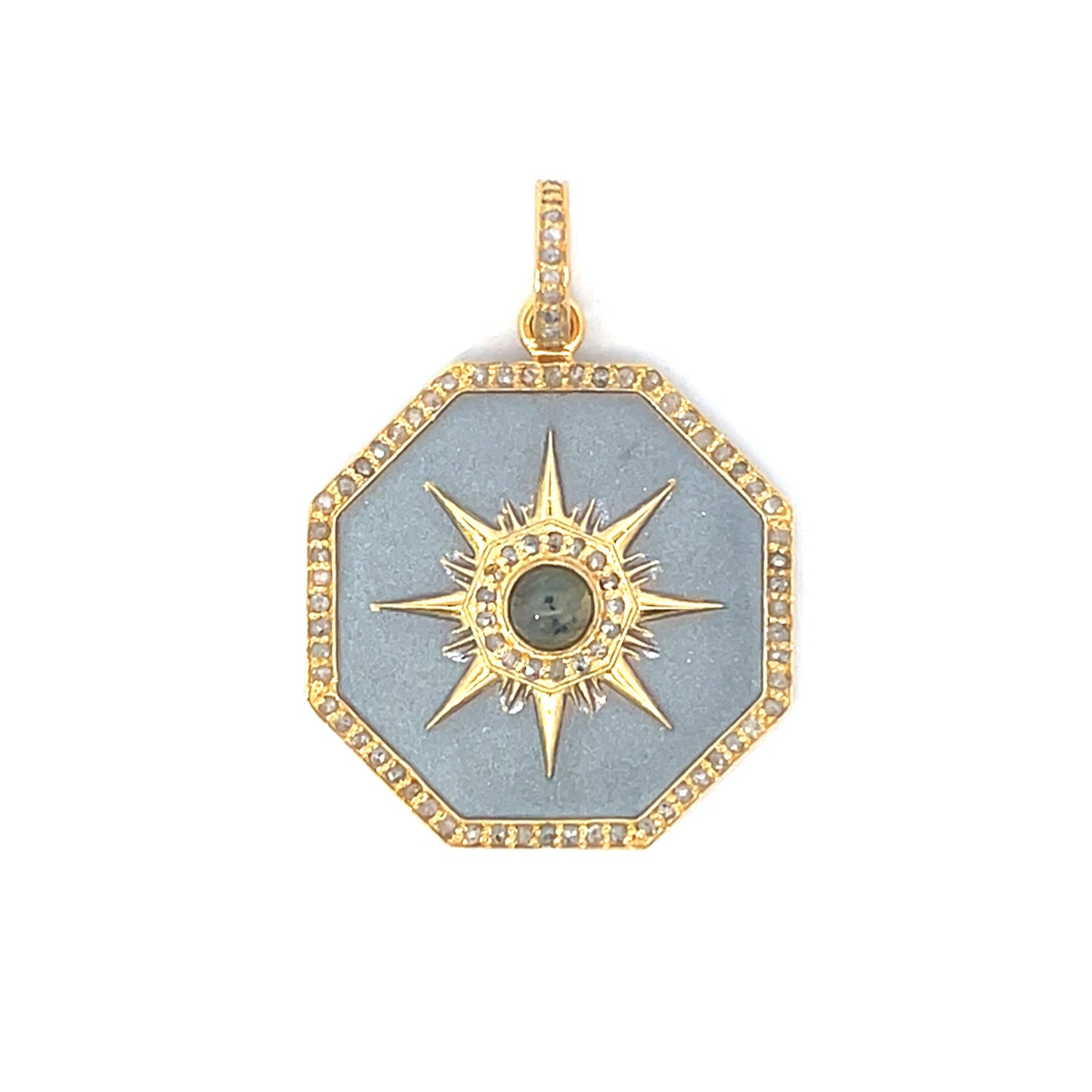 Brushed Metal Hexagon Pendant with Center Stone