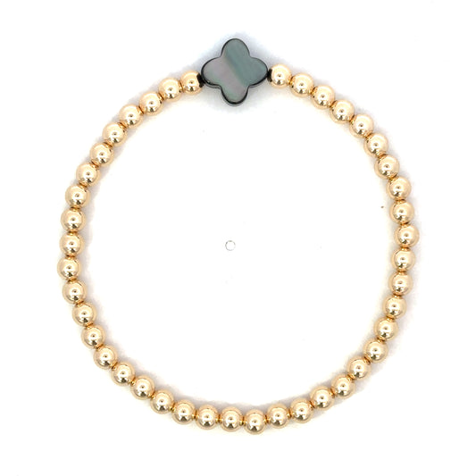Gold Filled Bead Bracelet with Single Black MOP Clover