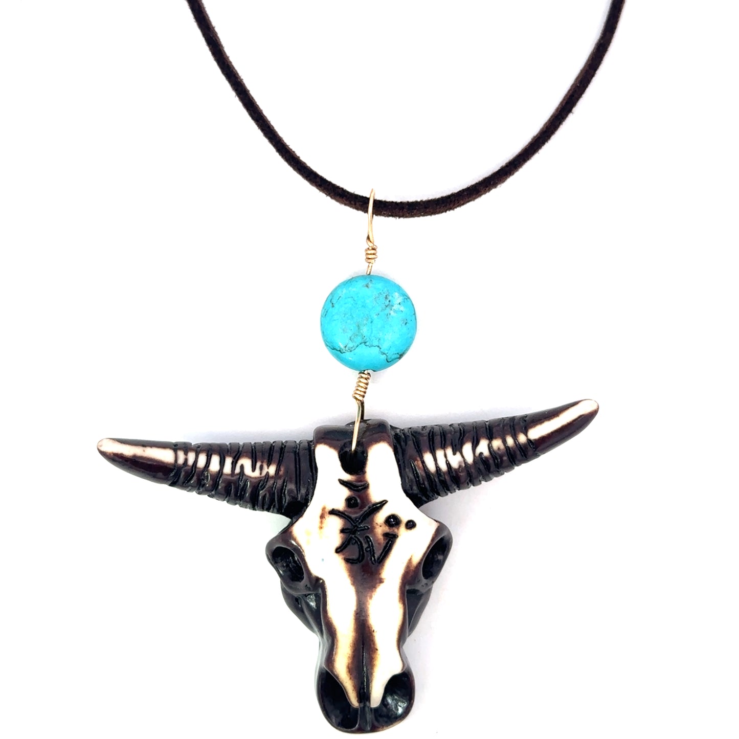 Brown and White Steer Head Necklace with Turquoise Accent