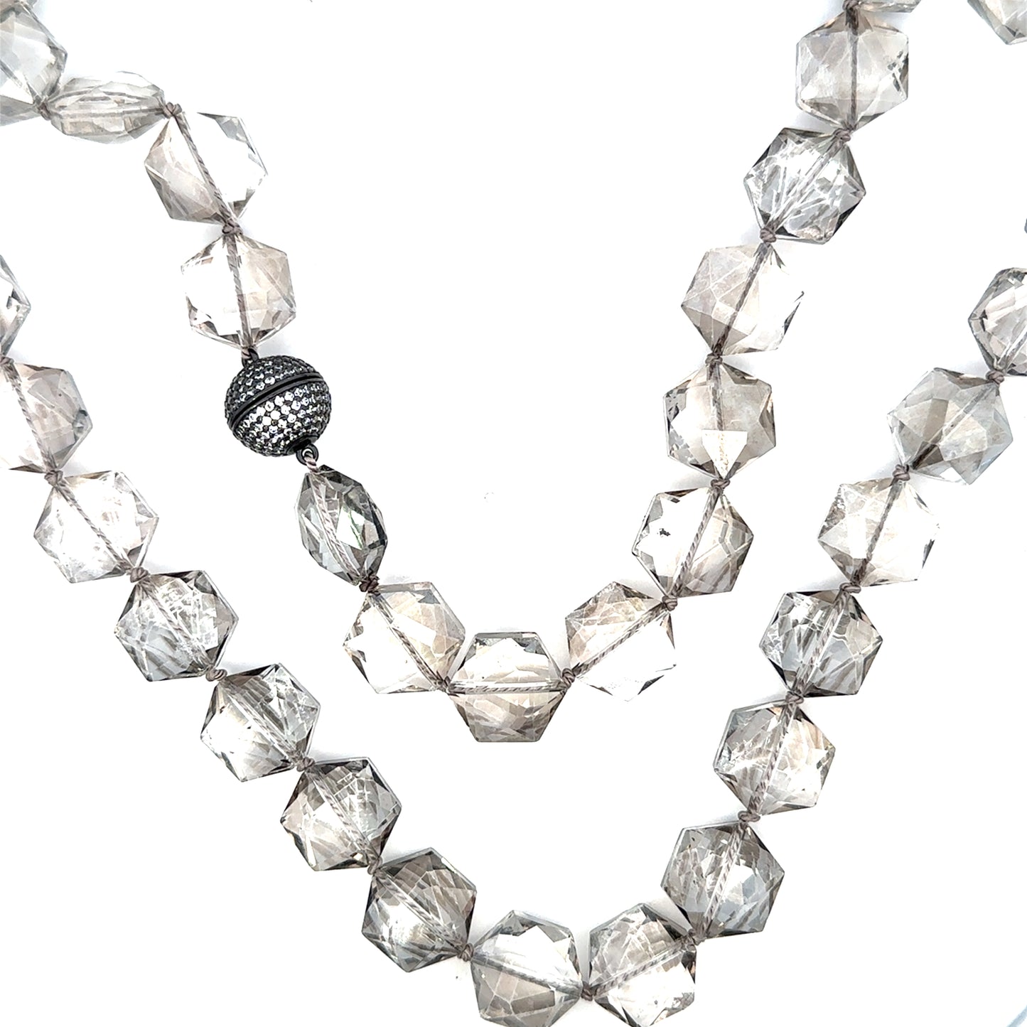 Hand Knotted Grey Crystal Necklace with Silver Magnetic Closure