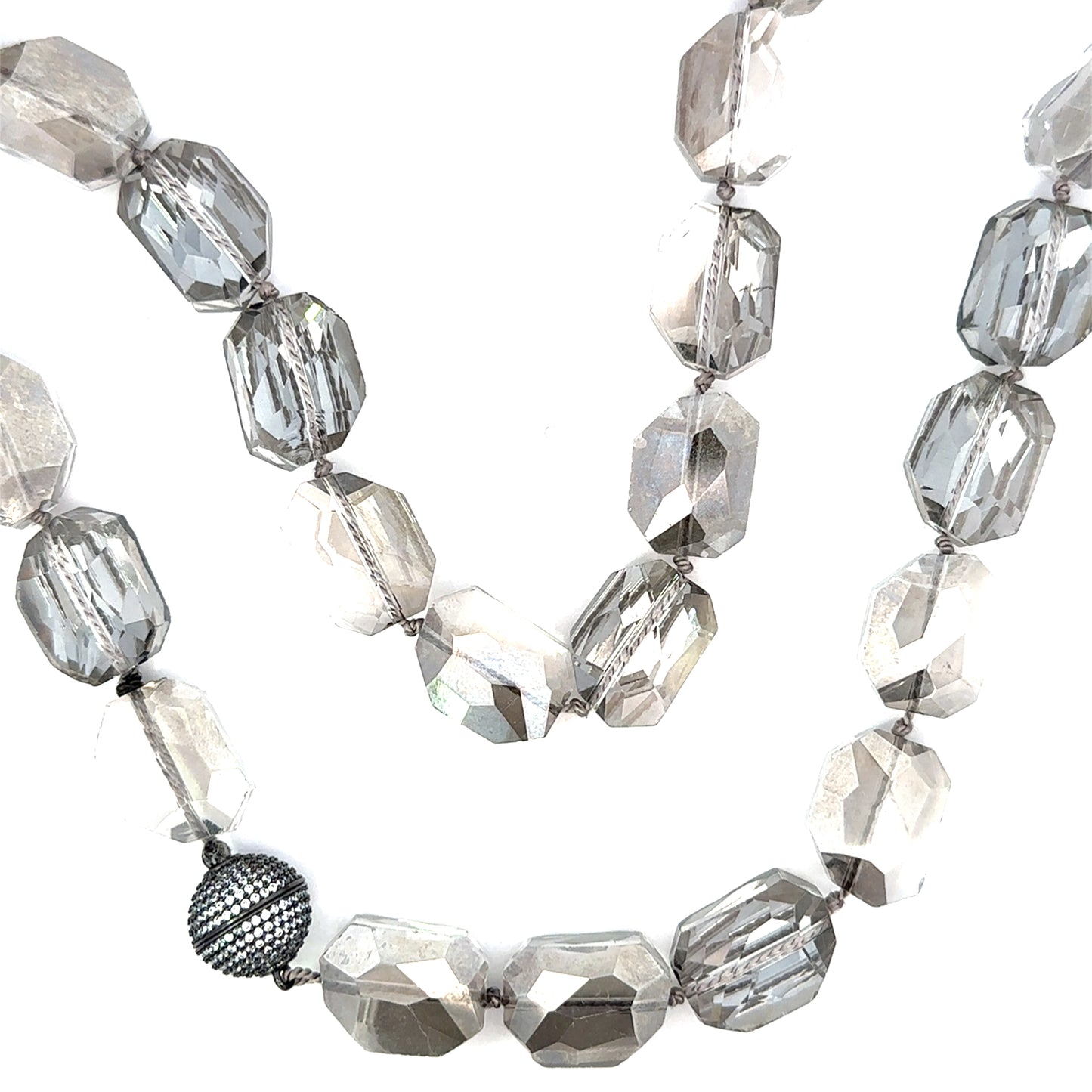 Hand Knotted Grey Crystal Necklace with Silver Magnetic Closure