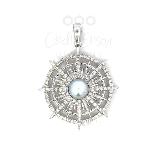 Pave Circle Starburst Pendant with Grey Pearl