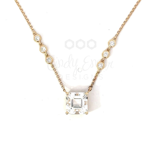 Cushion Cut White Topaz Necklace with 6 Bezeled Diamonds