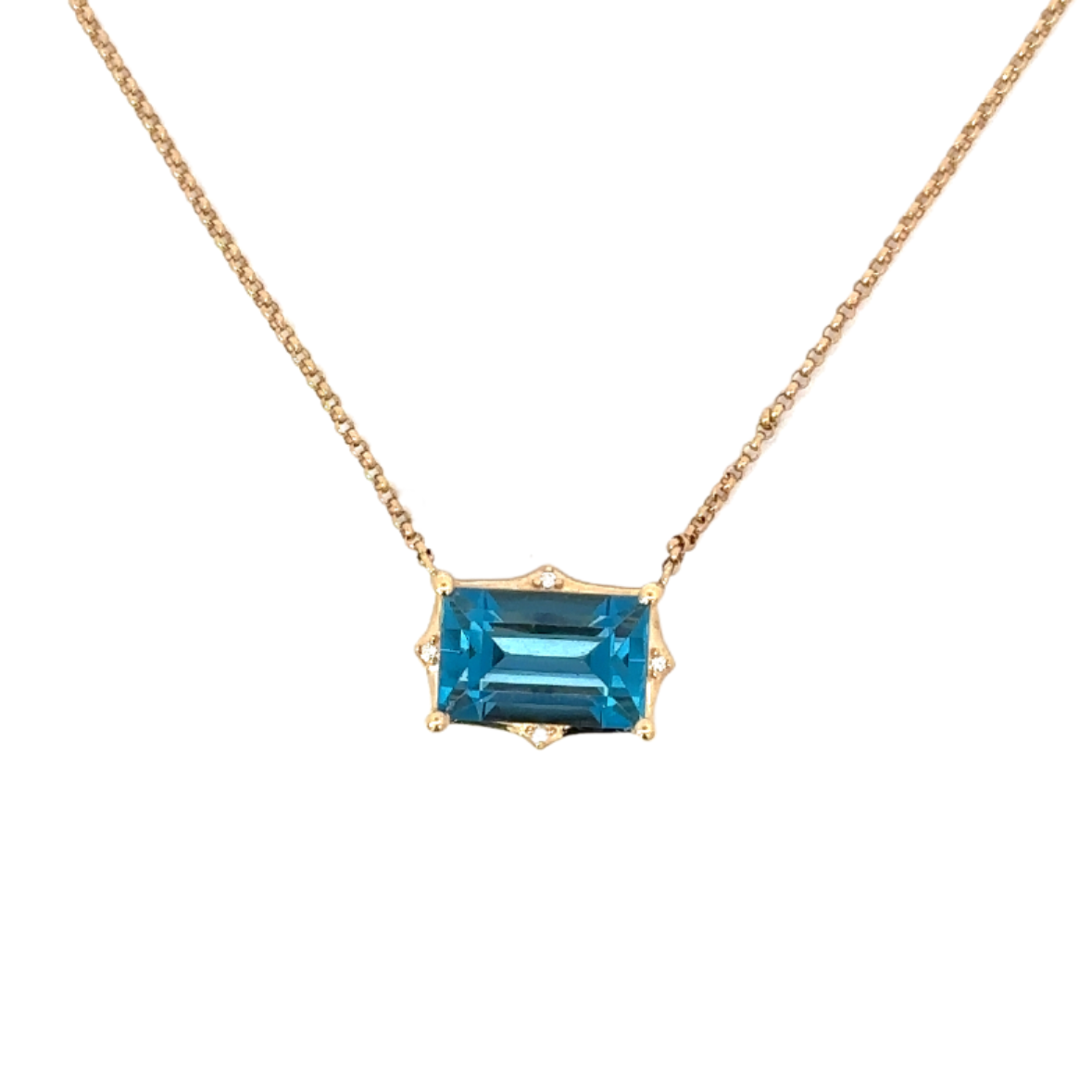 Yellow Gold Large London Blue Topaz Necklace with 4 Diamond Edge