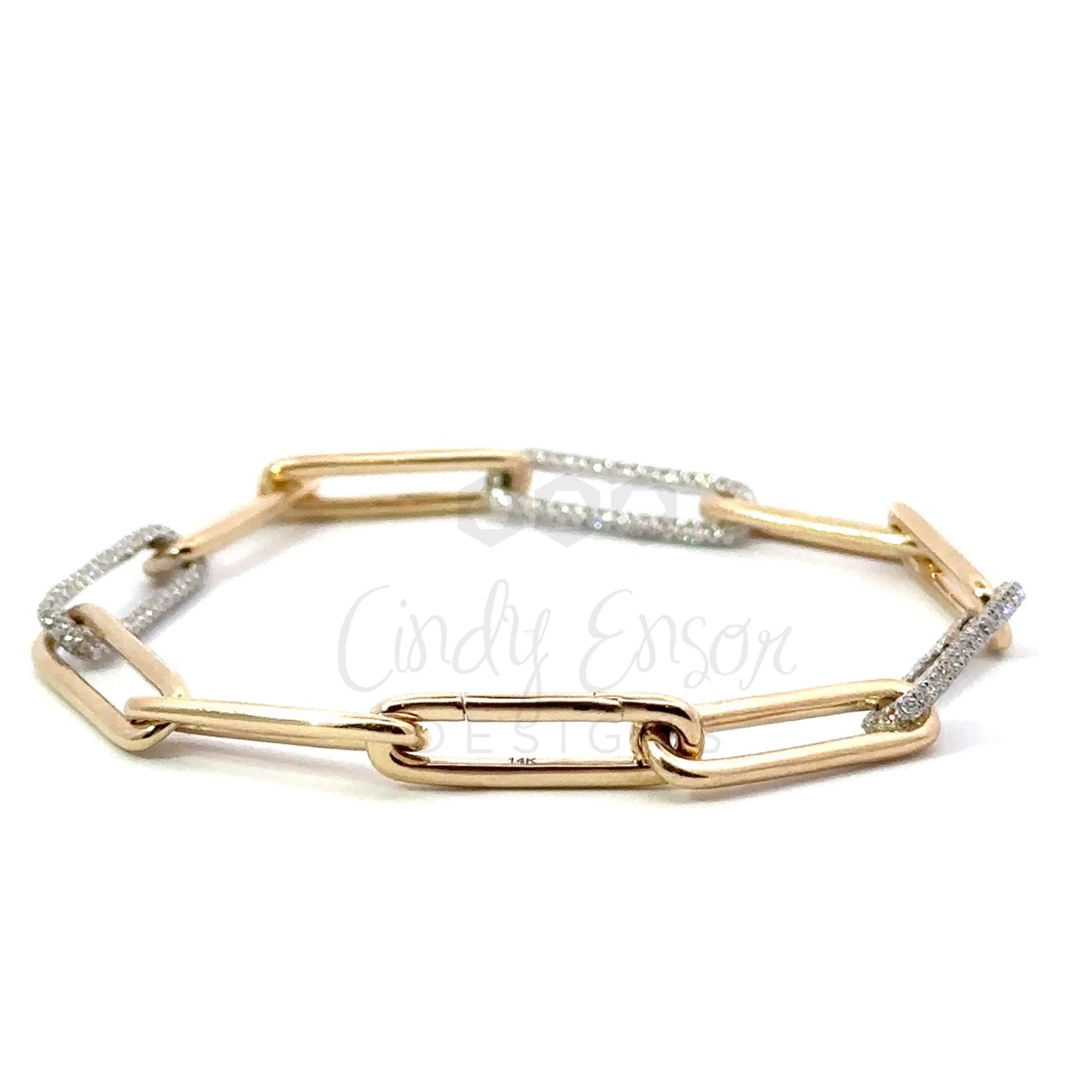 Yellow Gold Paper Clip Bracelet with 3 White Gold Diamond Links