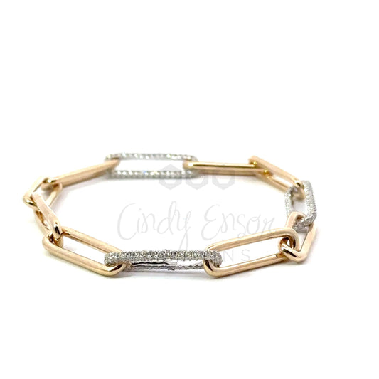 Yellow Gold Paper Clip Bracelet with 3 White Gold Diamond Links