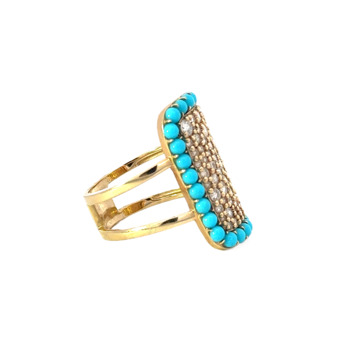 Yellow Gold Pave Rectangle Ring with Turquoise Border