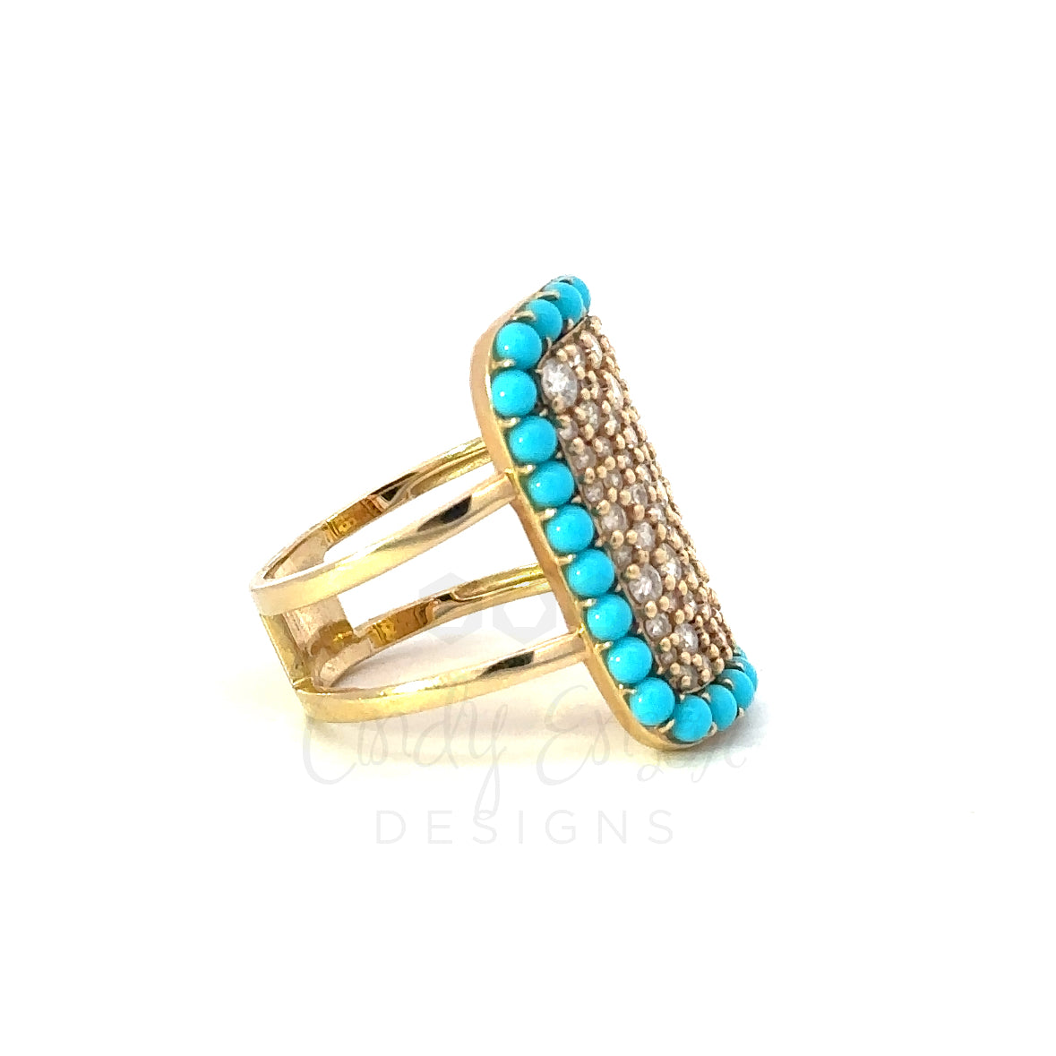 Yellow Gold Pave Rectangle Ring with Turquoise Border