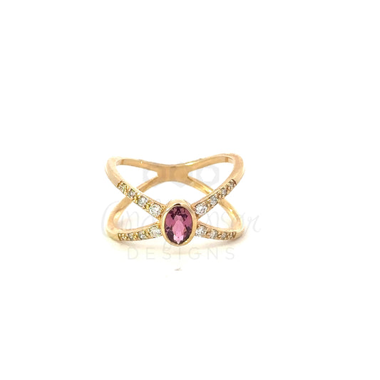 Yellow Gold Pave "X" Pink Tourmaline Ring