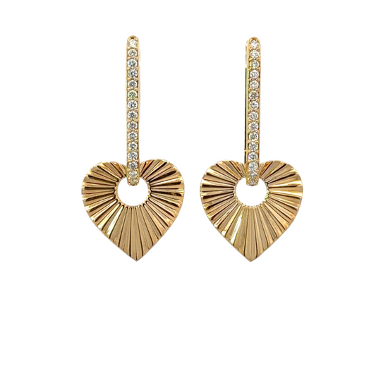 Yellow Gold Single Sided Diamond Paper Clip Earring with Fluted Heart Charm
