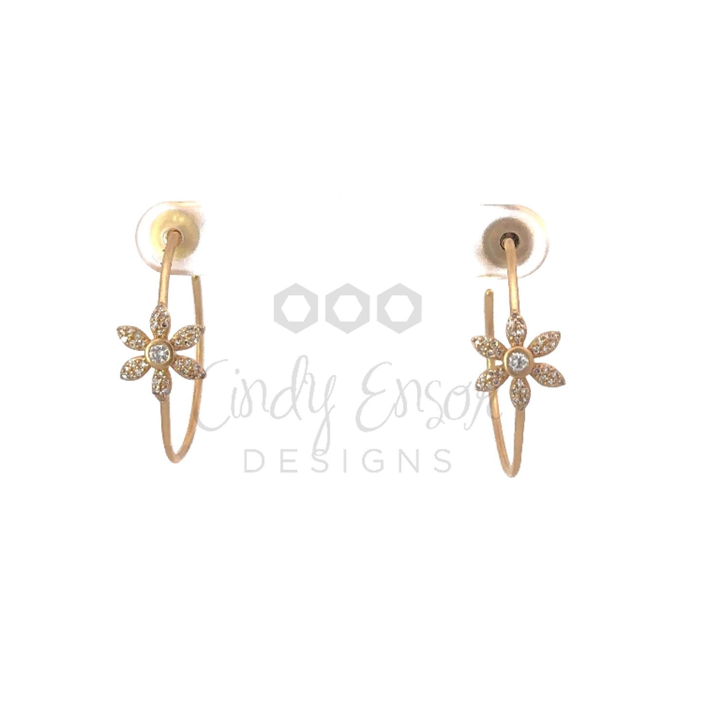 Yellow Gold Hoop Earring with Single Station Pave Flower Accent