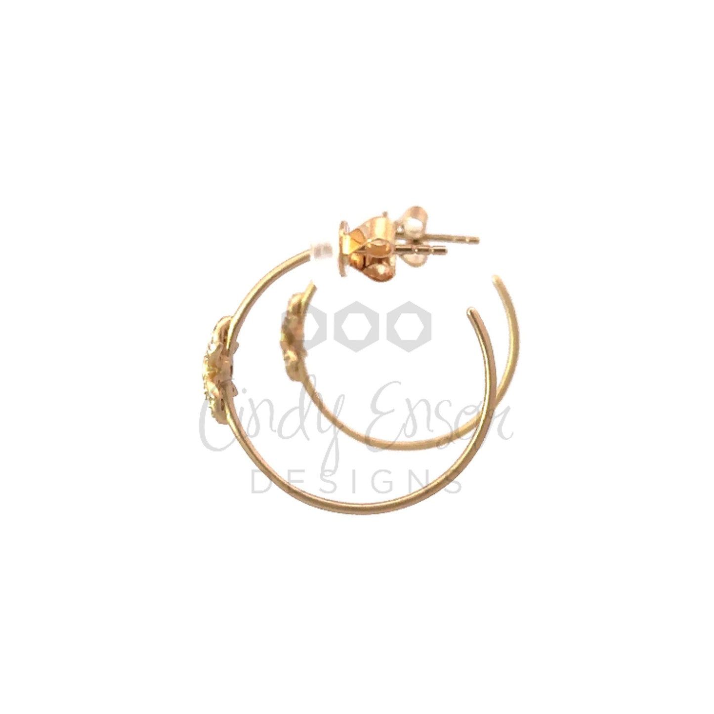 Yellow Gold Hoop Earring with Single Station Pave Flower Accent