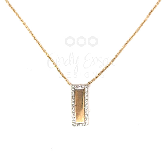 Yellow Gold Vertical Rectangle Bar Necklace with Pave Border