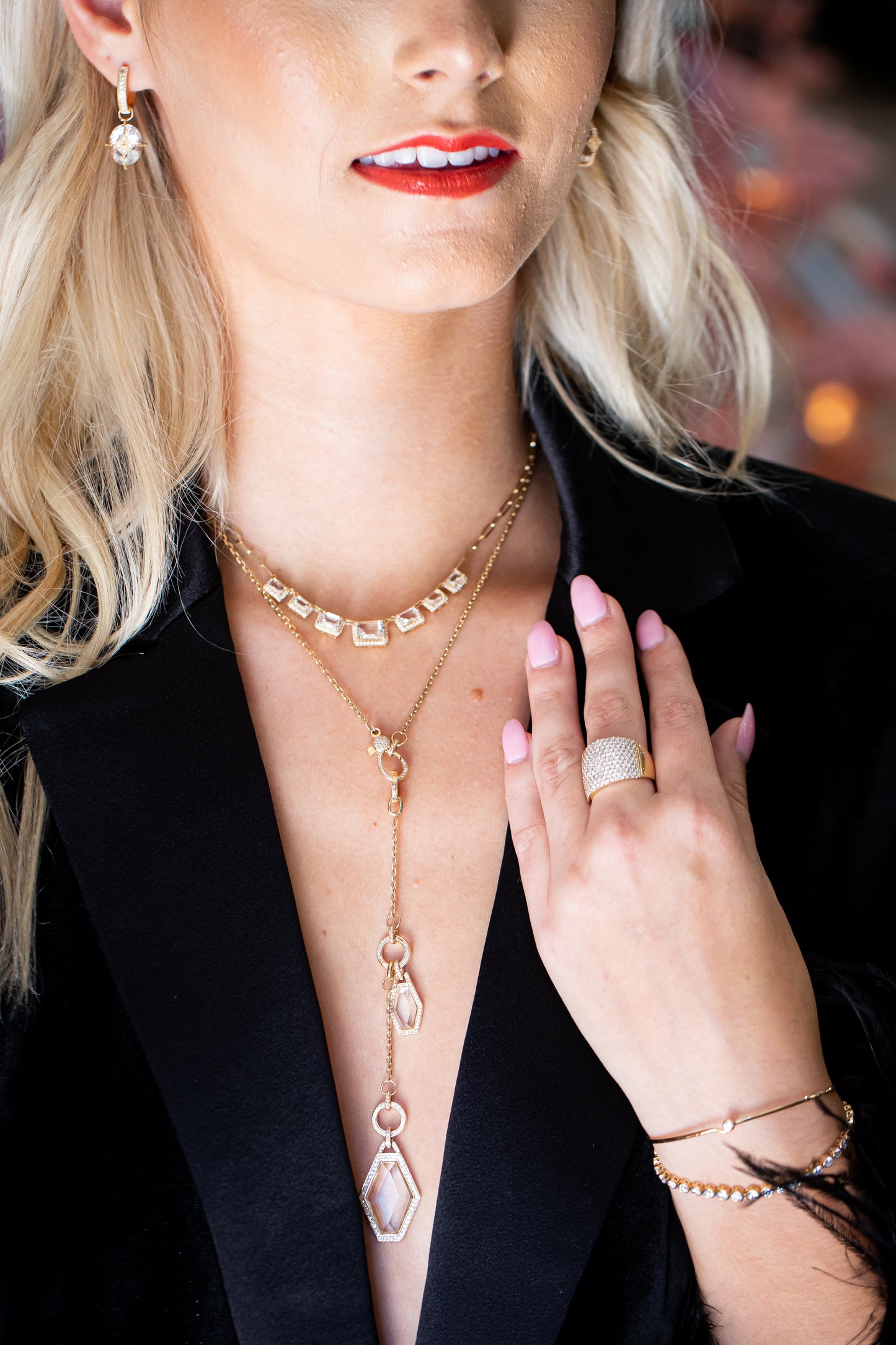 White Topaz Hexagon Pendant with Pave Diamond Border