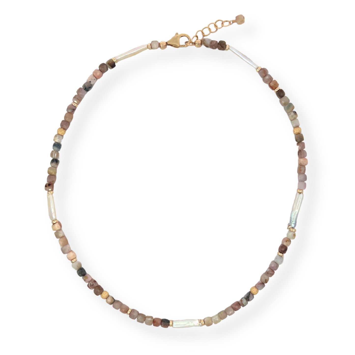 Pink Opal and Gold Filled Beaded Necklace with Pearl Accents