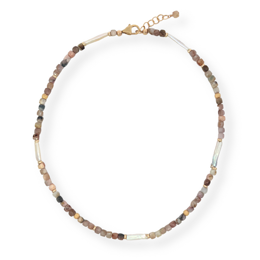 Pink Opal and Gold Filled Beaded Necklace with Pearl Accents
