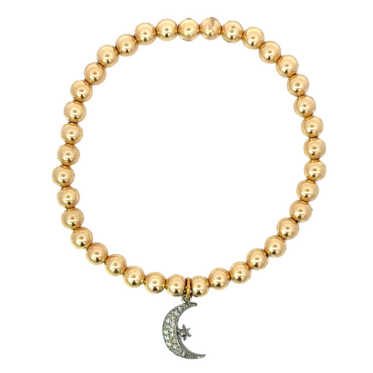 5mm Yellow Gold Filled Bead Bracelet with Sterling Pave Crescent Moon Charm