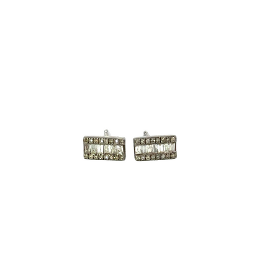 Baguette Diamond Bar Stud with Pave Border