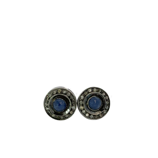 Round Sapphire Earring with Pave Diamond Border