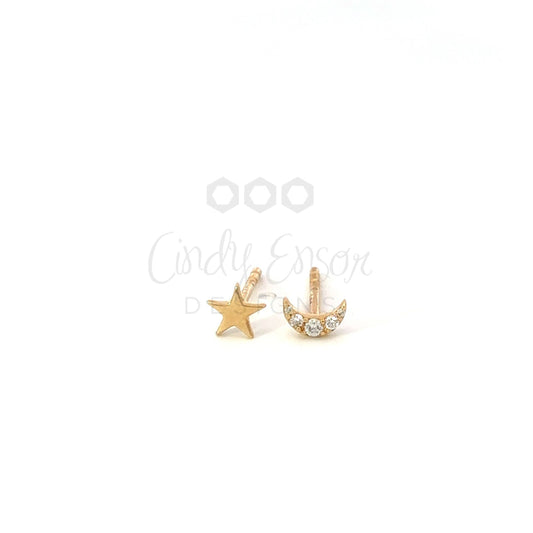 Plain Star and Pave Diamond Moon Studs