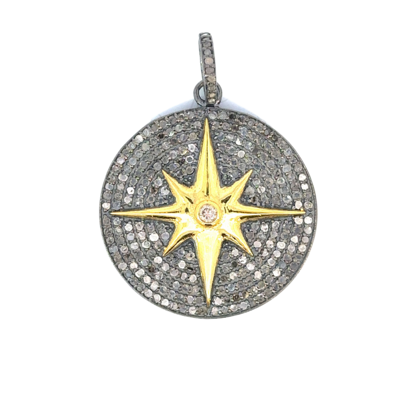 Pave Diamond Disc Pendant with 8 Point Star and Center Stone