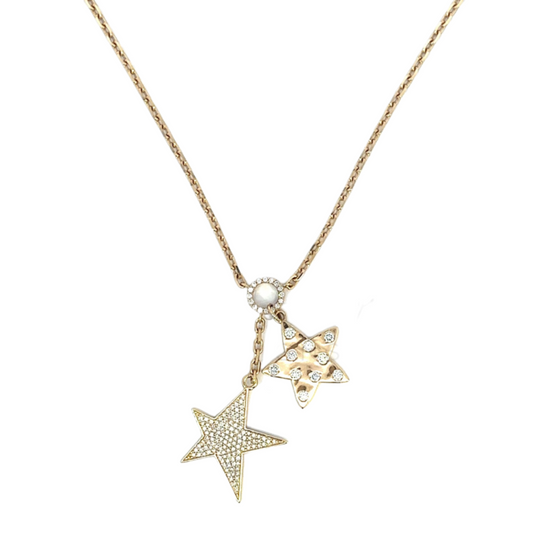 Pave and Bezeled Diamond Double Star Drop Necklace