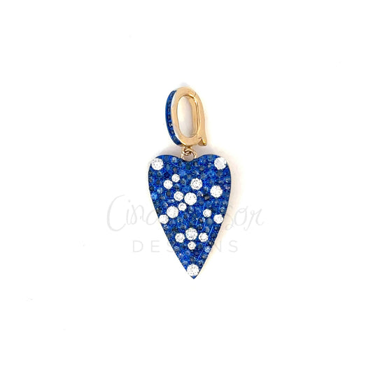 Yellow Gold Pave Diamond and Blue Sapphire Elongated Heart Pendant