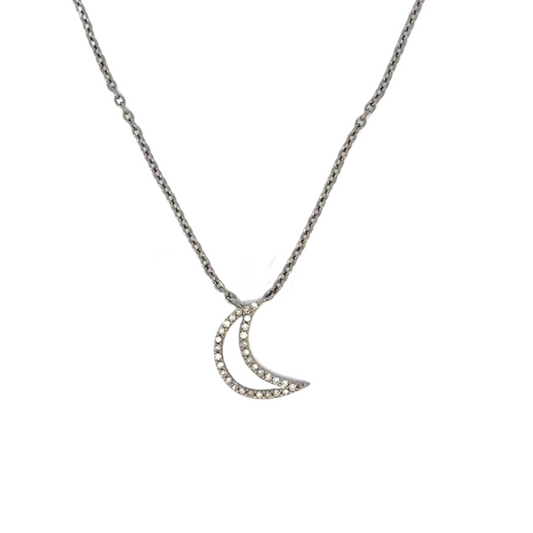 Enamel Crescent Moon Necklace with Pave Diamond Border