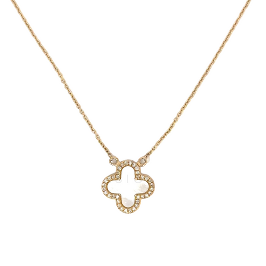 Mother of Pearl Clover Necklace with Pave Diamond Border